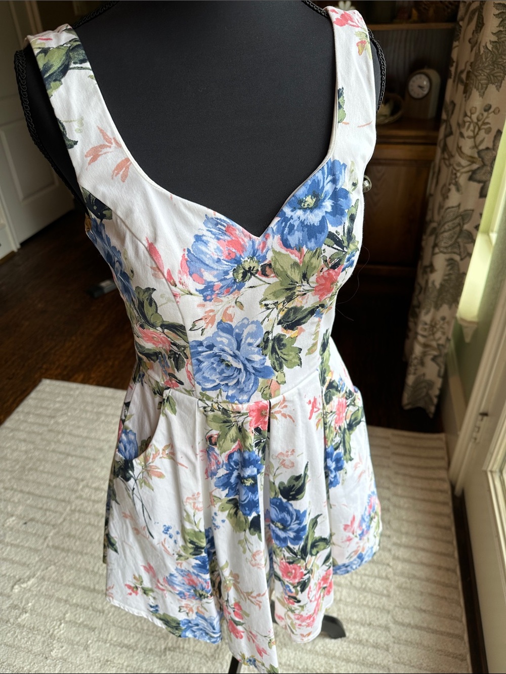Trixxi White Floral Fit-and-Flare Dress with Blue and Pink Blooms